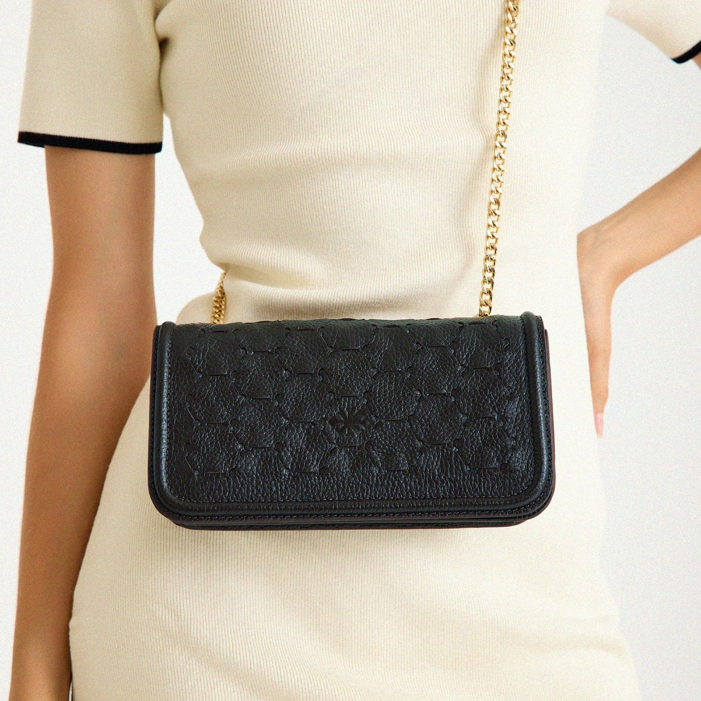 Anqa Woven Leather Baguette Crossbody & Shoulder Bag Black