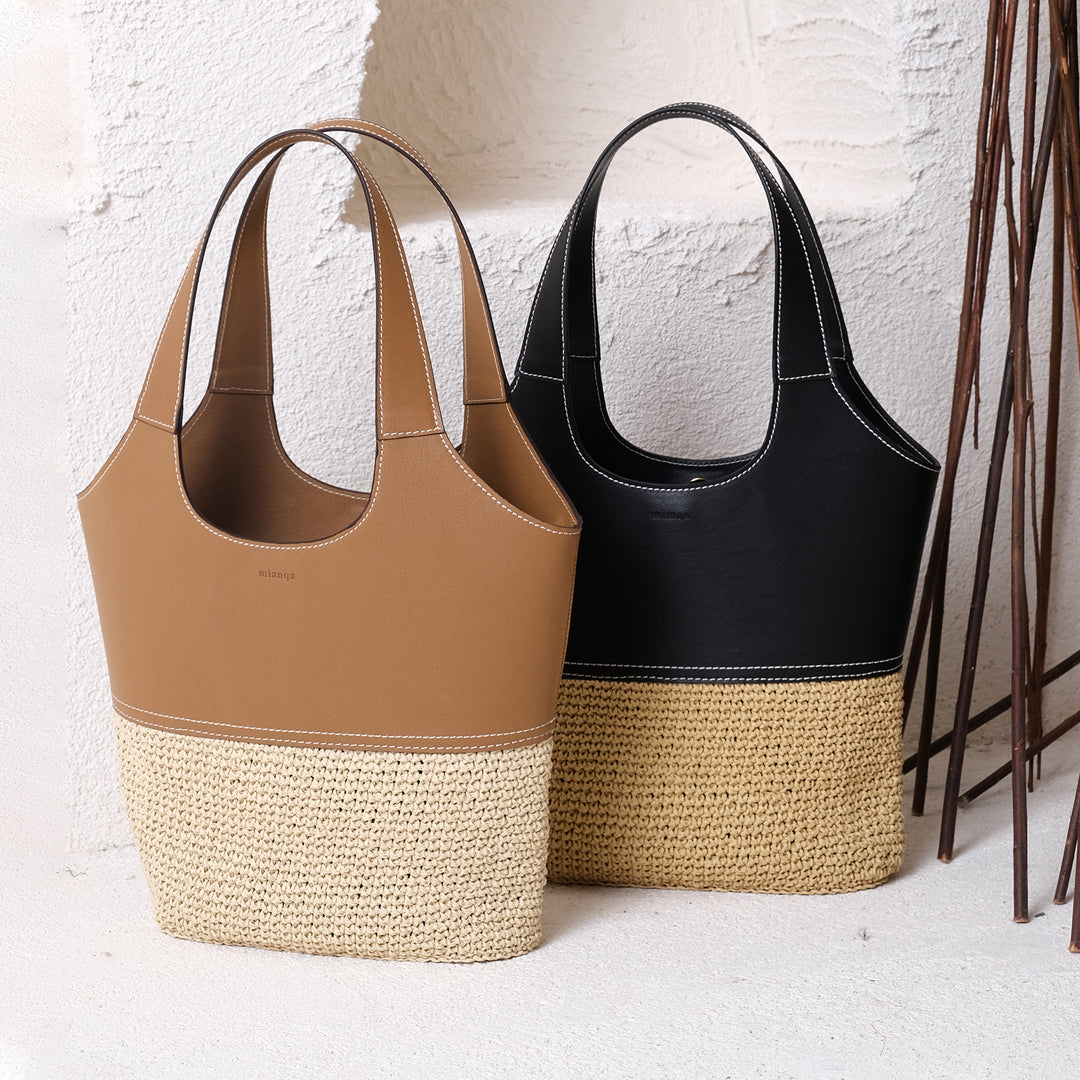 Leather & Handwoven Raffia Shoulder Bag Tan