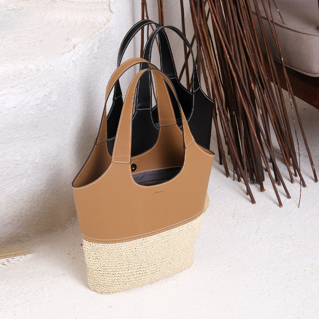Leather & Handwoven Raffia Shoulder Bag Tan